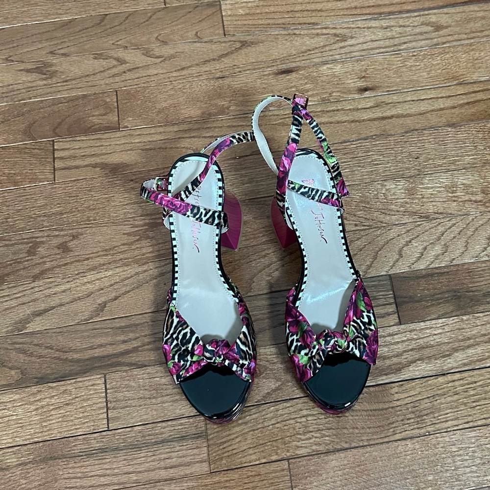 Betsey Johnson Pink and Black Heels with Ankle Strap and Peep Toe